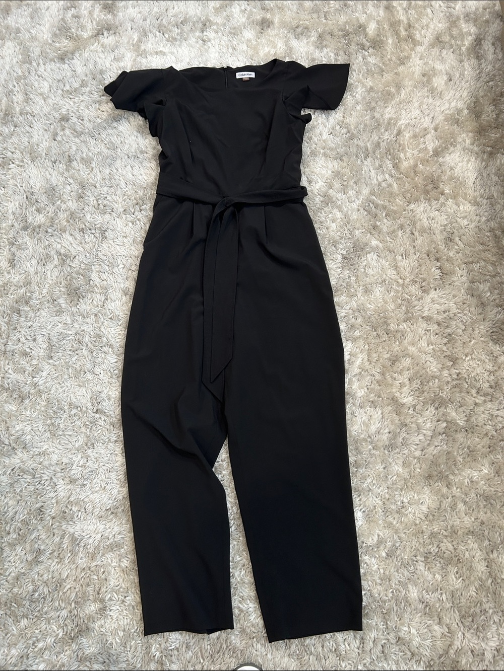 Calvin Klein Black Belted Ruffle Short-Sleeve Jumpsuit
